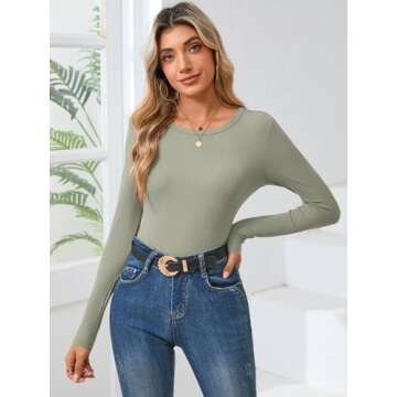 KLWCJFFF Women Long Sleeve Crewneck Rib Knit Slim Fit Shirts Basic Tee Tops 2024 Casual T-Shirt Goin...