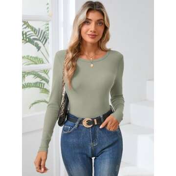 KLWCJFFF Women Long Sleeve Crewneck Rib Knit Slim Fit Shirts Basic Tee Tops 2024 Casual T-Shirt Going Out Workout Outfits Light Green