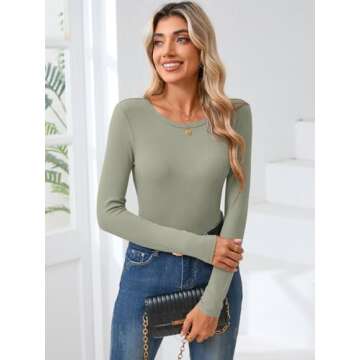 KLWCJFFF Women Long Sleeve Crewneck Rib Knit Slim Fit Shirts Basic Tee Tops 2024 Casual T-Shirt Going Out Workout Outfits Light Green