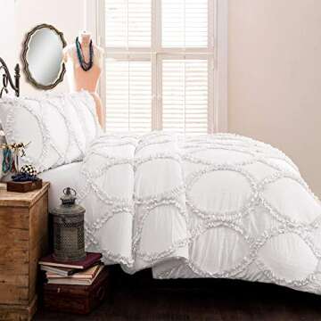 Lush Decor Avon Comforter Set, 3 Piece Set, King, White - Farmhouse Bedding Set - White Comforter - ...