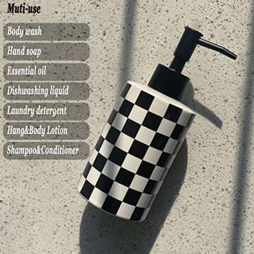 Bathroom Soap Dispenser with Matte Black Pump White Ceramic Soap Dispenser for Kitchen Checkerboard Empty Pump Bottle (Black)