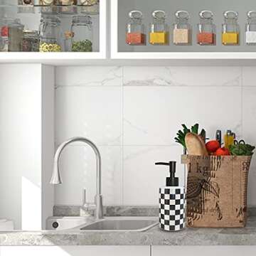 Bathroom Soap Dispenser with Matte Black Pump White Ceramic Soap Dispenser for Kitchen Checkerboard Empty Pump Bottle (Black)