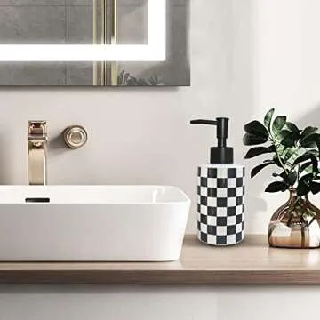 Bathroom Soap Dispenser with Matte Black Pump White Ceramic Soap Dispenser for Kitchen Checkerboard Empty Pump Bottle (Black)
