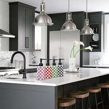 Bathroom Soap Dispenser with Matte Black Pump White Ceramic Soap Dispenser for Kitchen Checkerboard Empty Pump Bottle (Black)