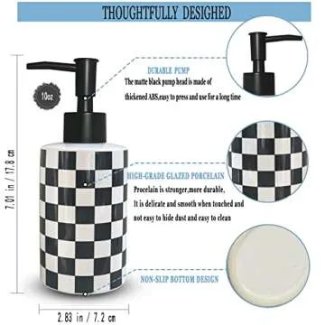 Bathroom Soap Dispenser with Matte Black Pump White Ceramic Soap Dispenser for Kitchen Checkerboard Empty Pump Bottle (Black)