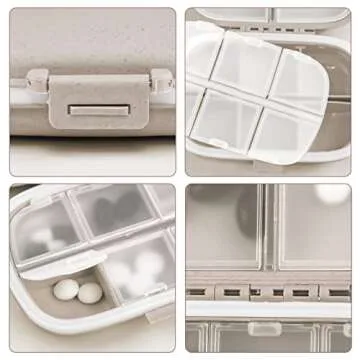 Zuiaso 1Pack Daily Pill Organizer, 8 Compartments Travel Pill Case for Pocket Purse Portable Medicine Vitamin Container Beige