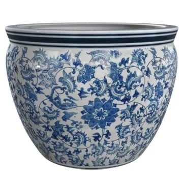 Oriental Furniture 14" Floral Blue & White Porcelain Fishbowl