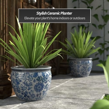 Oriental Floral Blue & White Porcelain Fishbowl Decoration