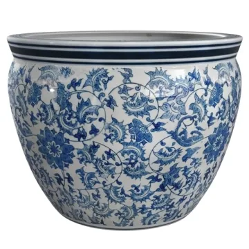 Oriental Floral Blue & White Porcelain Fishbowl Decoration