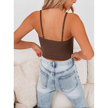 REORIA Women's Summer Sexy Casual Deep Scoop Neck Double Lined Adjustable Spaghetti Strap Cami Camisole Seamless Sleeveless Cropped Tank Top Cute Yoga Crop Tops Coffee Small