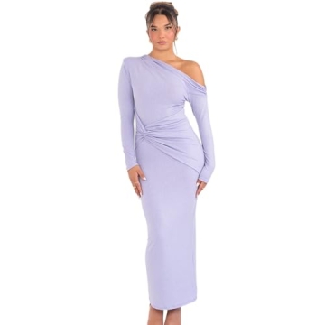 Women's Sexy Bodycon One Shoulder Long Sleeve Maxi Dress Ruched Formal Dresses Club Party Cocktail E...