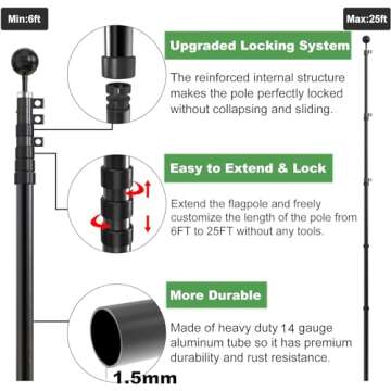 FFILY Flag Pole for Outside In Ground, 25 FT Heavy Duty Telescopic Flagpole Kit for Yard, Extra Thic...