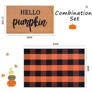 Fall Decor Door Mat Combo Set, 100% Coco Coir Welcome Mat + 28 x 43 Inches Orange and Black Plaid Ma...