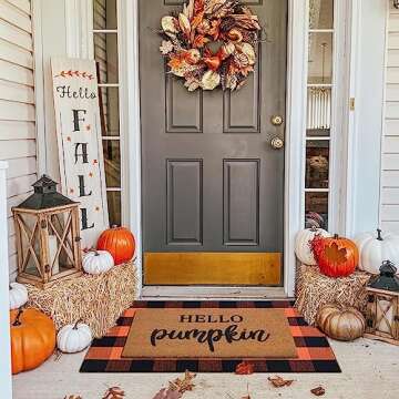 Fall Decor Door Mat Combo Set, 100% Coco Coir Welcome Mat + 28 x 43 Inches Orange and Black Plaid Mat - Fall Thanksgiving Front Porch Entryway Floor Doormat, Indoor Outdoor Autumn Mats Hello Pumpkin