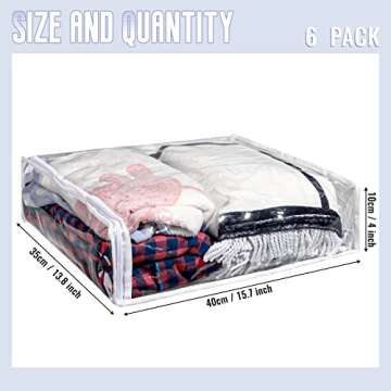 6 Packs Clear Zippered Storage Bags Sweater Bags Plastic Storage for Blankets Clothes Bed Sheet Organizer with Zipper for Closet Linen Sweater Bed Sheet Clothes Pillow(16 x 14 x 4 Inch)