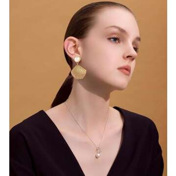 LILIE&WHITE Burnt Gold Seashell Dangle Earrings For Women With Imitation Pearl On The Top Fashion Be...