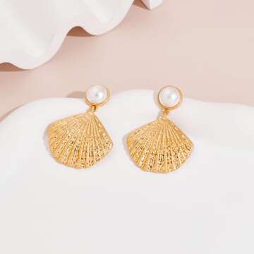 LILIE&WHITE Burnt Gold Seashell Dangle Earrings For Women With Imitation Pearl On The Top Fashion Beach Jewelry Summer Earrings Chunky Gold Earrings