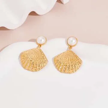 LILIE&WHITE Burnt Gold Seashell Dangle Earrings For Women With Imitation Pearl On The Top Fashion Beach Jewelry Summer Earrings Chunky Gold Earrings