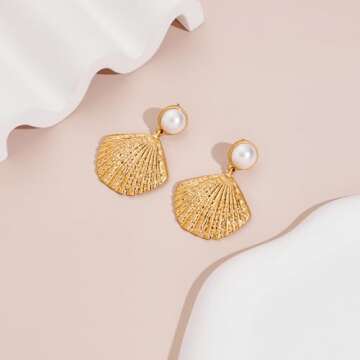 LILIE&WHITE Burnt Gold Seashell Dangle Earrings For Women With Imitation Pearl On The Top Fashion Beach Jewelry Summer Earrings Chunky Gold Earrings
