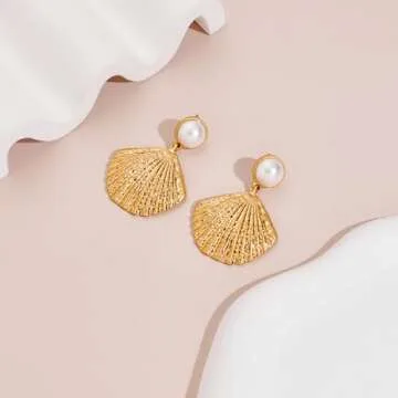 LILIE&WHITE Burnt Gold Seashell Dangle Earrings For Women With Imitation Pearl On The Top Fashion Beach Jewelry Summer Earrings Chunky Gold Earrings