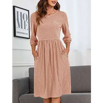 MEROKEETY Women's 3/4 Balloon Sleeve Striped High Waist T Shirt Midi Dress with Pockets, DustyOrange, Small