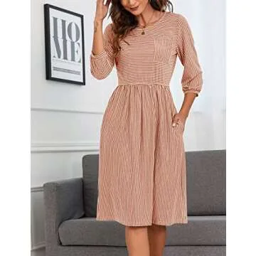 MEROKEETY Women's 3/4 Balloon Sleeve Striped High Waist T Shirt Midi Dress with Pockets, DustyOrange, Small