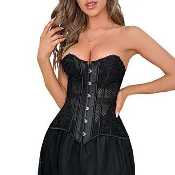 SHYMMUO Black Lace Mesh Corset for Women, Floral Lace Up Corset Top, Sexy Bustier for Halloween Costumes, Gothic Waist Cincher, Vintage Steampunk Corset XS