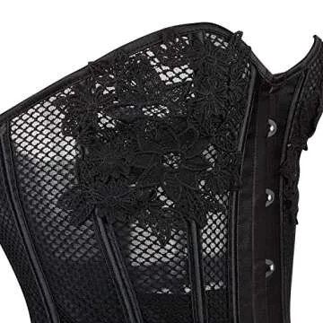 SHYMMUO Black Lace Mesh Corset for Women, Floral Lace Up Corset Top, Sexy Bustier for Halloween Costumes, Gothic Waist Cincher, Vintage Steampunk Corset XS