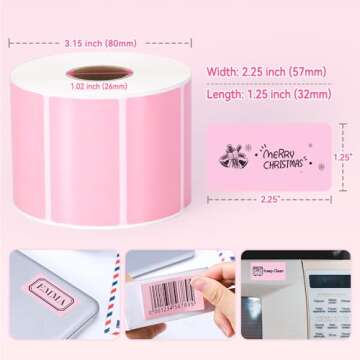 2.25 x 1.25 Inch Direct Thermal Label Roll 1000 Pink Sticker Labels for Barcode Label Work with Roll...