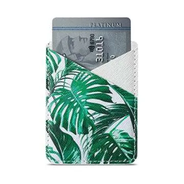 Arlgseln Cell Phone Card Holder, Multi-functional Ultra Slim Adhesive Purse ID/Credit Card Slots Wallet Pocket Sleeve Stick on iPhone/Samsung Galaxy/Smartphone/Tablet Case (Tropical Leaf+White)