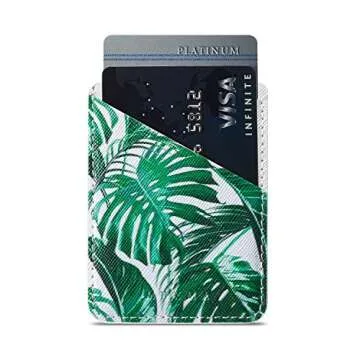 Arlgseln Cell Phone Card Holder, Multi-functional Ultra Slim Adhesive Purse ID/Credit Card Slots Wallet Pocket Sleeve Stick on iPhone/Samsung Galaxy/Smartphone/Tablet Case (Tropical Leaf+White)