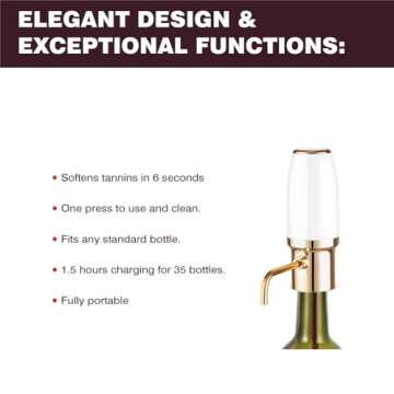 Thirdtms Electric Wine Aerator Pourer, Wine Air Aerator Pourer, Wine Dispenser with Aerator, Wine Pourer Spout, USB Rechargeable, Gift Idea for Wine Lovers White & Gold