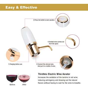 Thirdtms Electric Wine Aerator Pourer, Wine Air Aerator Pourer, Wine Dispenser with Aerator, Wine Pourer Spout, USB Rechargeable, Gift Idea for Wine Lovers White & Gold