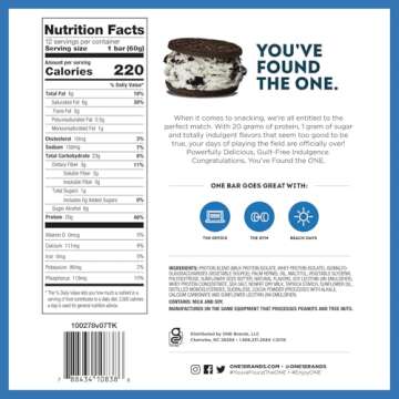 ONE Protein Bars, Cookies & Creme, Gluten Free Protein Bars with 20g Protein and Only 1g Sugar, Guilt-Free Snacking for High Protein Diets, 2.12 oz (12 Count)