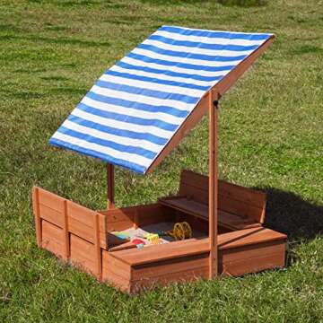 Kids Wooden Outdoor Sandbox with Cover，Sand Boxes with Canopy and Foldable Storage Bench Seats, Sand Table with Protection Bottom Liner,Kids Play Equipment for Outdoor(47X47Inch
