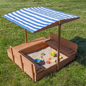 Kids Wooden Outdoor Sandbox with Cover，Sand Boxes with Canopy and Foldable Storage Bench Seats, Sand Table with Protection Bottom Liner,Kids Play Equipment for Outdoor(47X47Inch