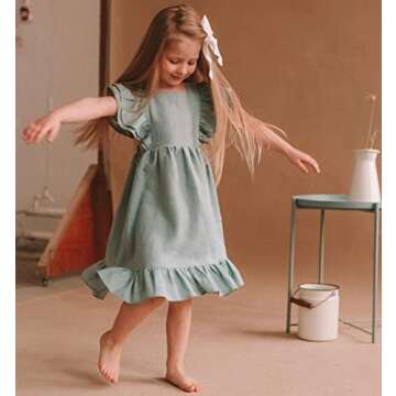 Bigeoosh Girls Dress Linen Boho Party Ruffle Sleeve A-Line Floral Hem Loose Fit Summer Outfits for 5-12 Years Kids Green