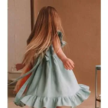 Bigeoosh Girls Dress Linen Boho Party Ruffle Sleeve A-Line Floral Hem Loose Fit Summer Outfits for 5-12 Years Kids Green