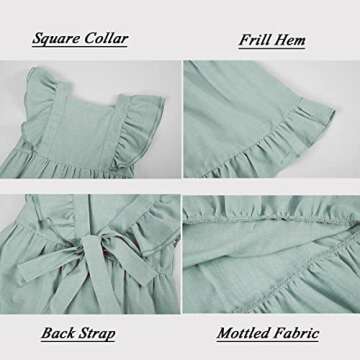 Bigeoosh Girls Dress Linen Boho Party Ruffle Sleeve A-Line Floral Hem Loose Fit Summer Outfits for 5-12 Years Kids Green