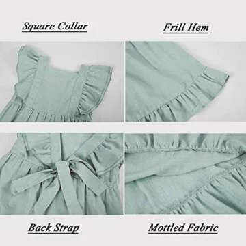 Bigeoosh Girls Dress Linen Boho Party Ruffle Sleeve A-Line Floral Hem Loose Fit Summer Outfits for 5-12 Years Kids Green