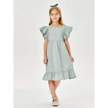 Bigeoosh Girls Dress Linen Boho Party Ruffle Sleeve A-Line Floral Hem Loose Fit Summer Outfits for 5-12 Years Kids Green