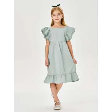 Bigeoosh Girls Dress Linen Boho Party Ruffle Sleeve A-Line Floral Hem Loose Fit Summer Outfits for 5-12 Years Kids Green