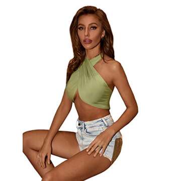 Verdusa Women's Sexy Sleeveless Halter Criss Cross Self Tie Backless Crop Top Green S