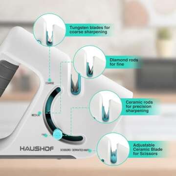 HAUSHOF 4-in-1 Knife Sharpener Tool, Premium 4-Stage Kitchen Knife Sharpeners for Scissors, Pocket knife, Hunting Knife, Grind and Polish Knife Accessories, Adjustable Handheld Manual Knife Sharpener