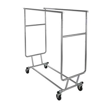 Econoco Double Hangrail Rolling Clothes Rack- Heavy Duty Collapsible Clothing Rack, Commercial Grade Clothing Display, Round Tubing Rolling Rack, Chrome