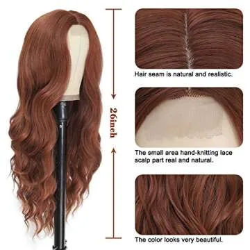 NAYOO Long Auburn Wavy Wig for Women 26 Inch Middle Part Curly Wavy Wig Natural Looking Synthetic Heat Resistant Fiber Wig for Daily Party Use (Auburn)