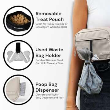 Pup Culture Cross Body Dog Training Treat Pouch | Removable Treat Pouch for Anytime Puppy Training | Built in Poop Bag Dispenser & Used Dog Poop Bag Holder | Stylish Dog Treat Pouch - Cream