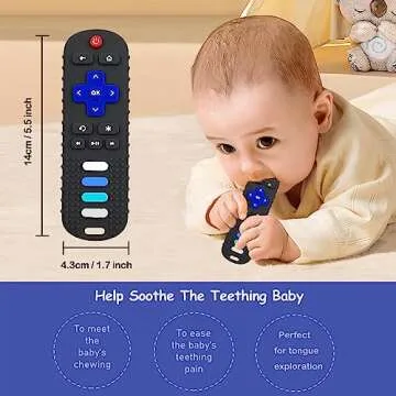 ROBBEAR Baby Teething Toys, Food Grade Silicone Teether for Babies 3 6 12 18 Months, TV Remote Shape Toddlers Chew Toys, Freezer BPA Free (Black+Khaki)