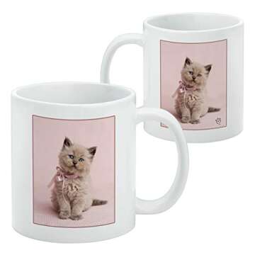 Miradoll Ragdoll Cat Kitten Mug with Pink Ribbon Bow - 11oz Ceramic Coffee Mug