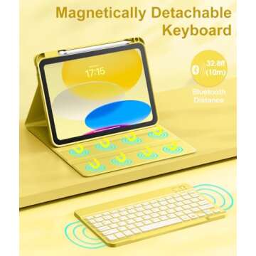 Hamile for iPad 10th Generation Case with Keyboard 10.9 Inch - 7 Colors Backlit Wireless Detachable Folio Keyboard Cover with Pencil Holder for New iPad 10th Gen 2022 (Yellow)